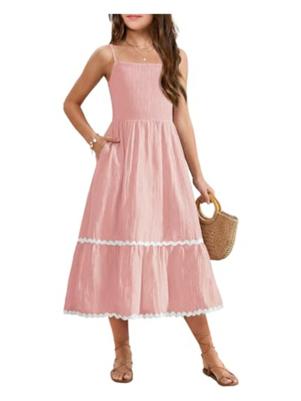 Girls Flowy Tiered Cami Maxi Sundress with Pockets Spaghetti Strap